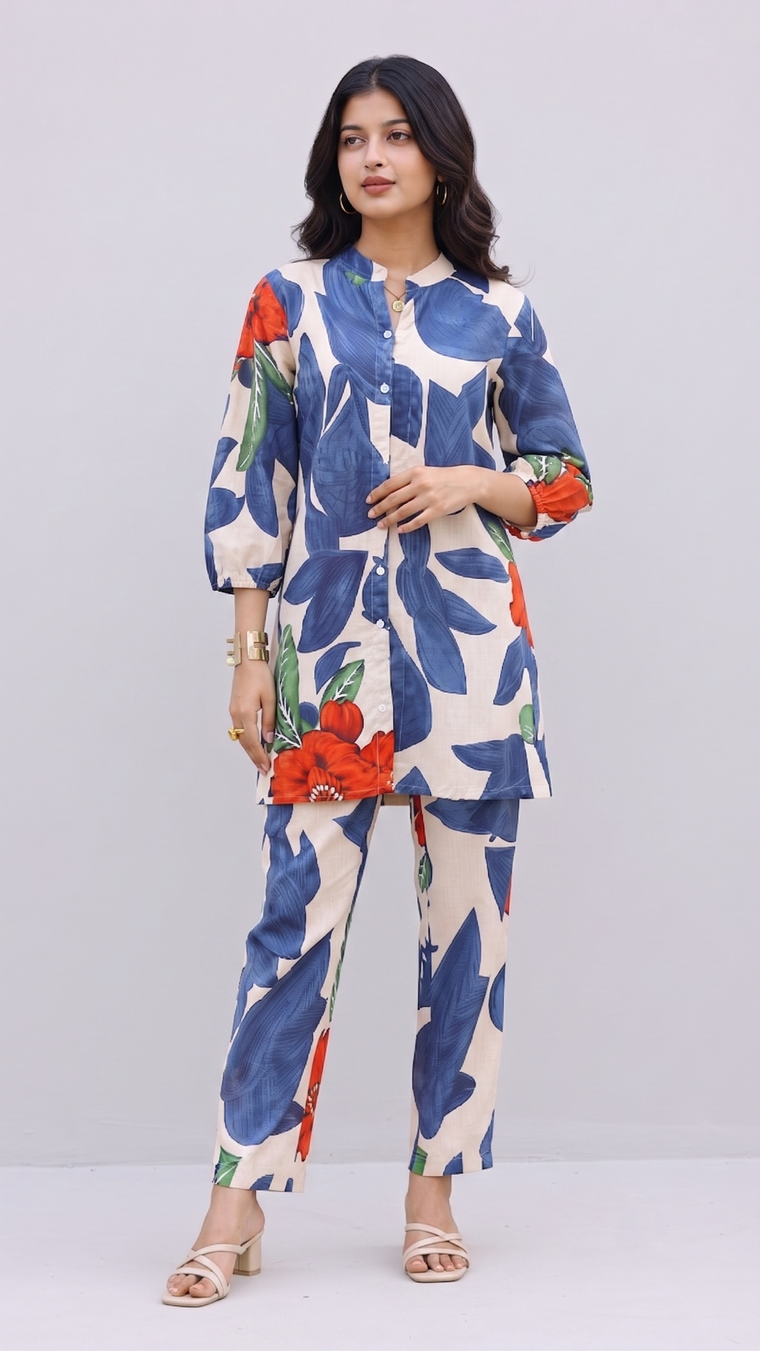Ivory & Blue Oversized Leaf Co-ord Set