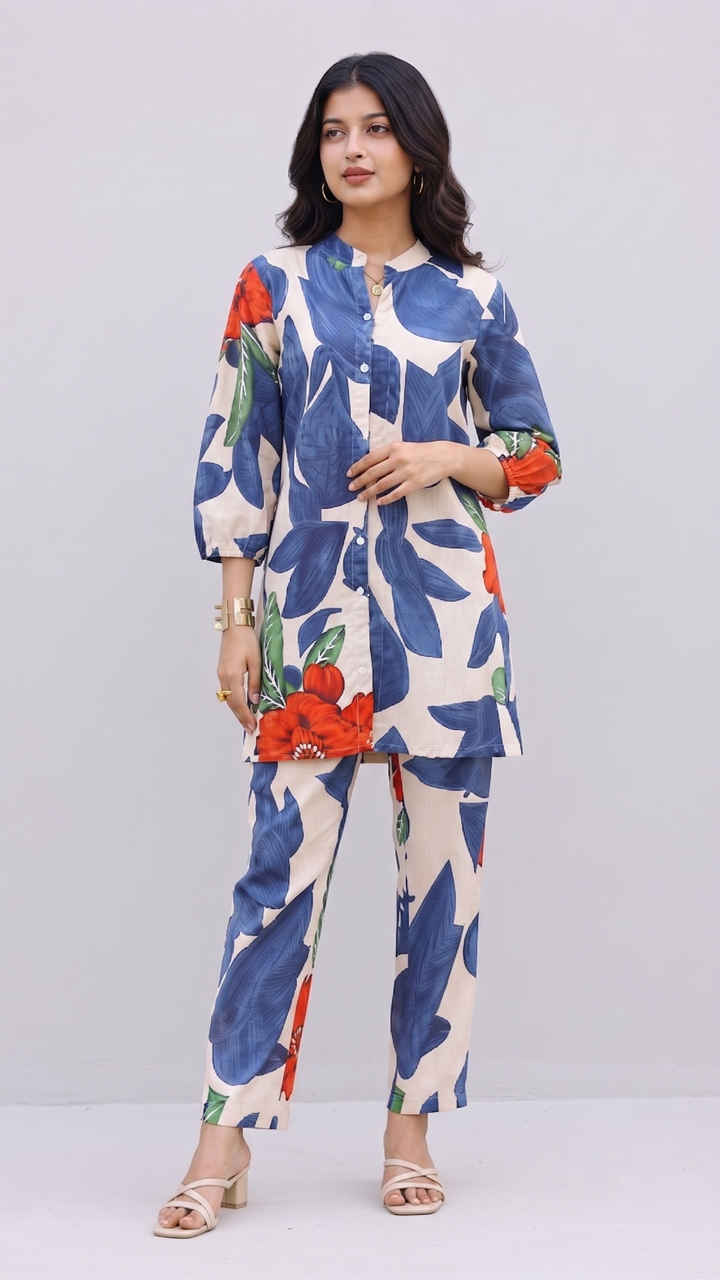 Ivory & Blue Oversized Leaf Co-ord Set
