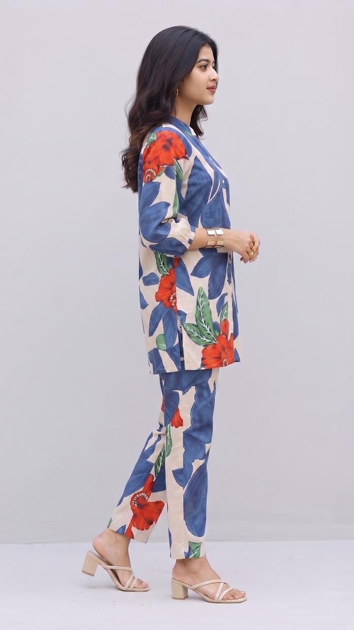 Ivory & Blue Oversized Leaf Co-ord Set