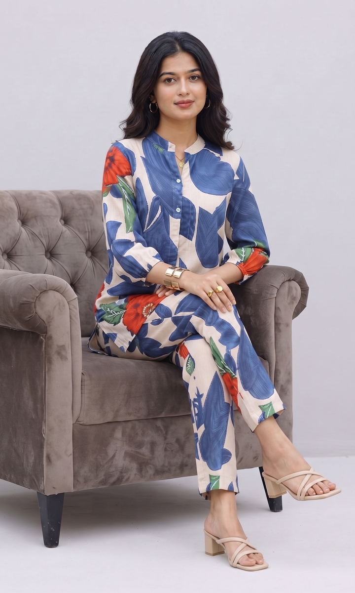 Ivory & Blue Oversized Leaf Co-ord Set
