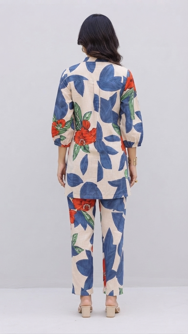 Ivory & Blue Oversized Leaf Co-ord Set