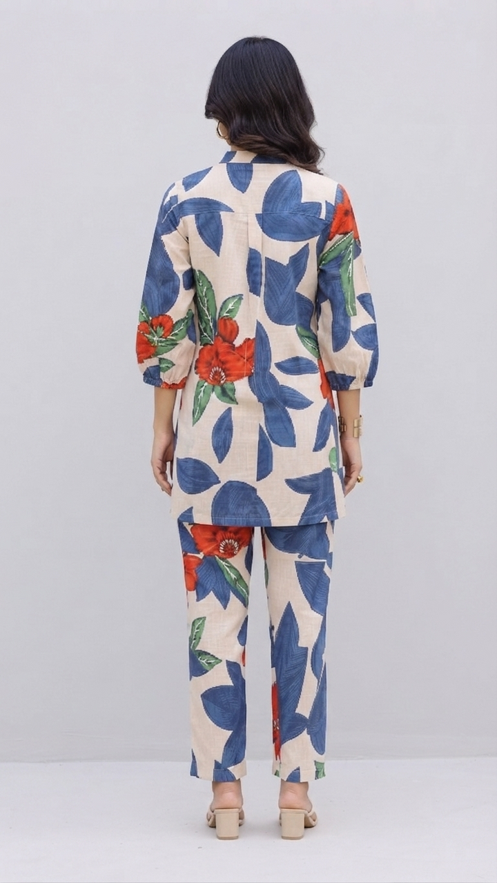 Ivory & Blue Oversized Leaf Co-ord Set