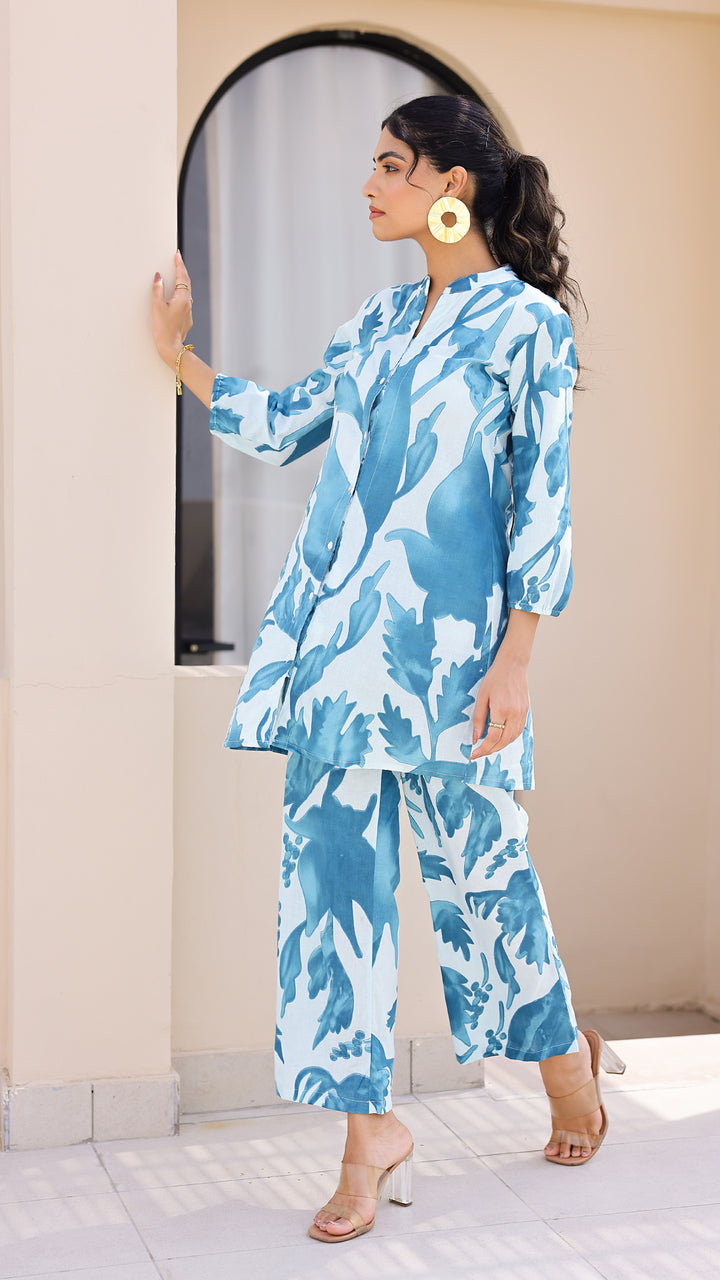 Sky Blue Oversized Leaf Print Co-ord Set