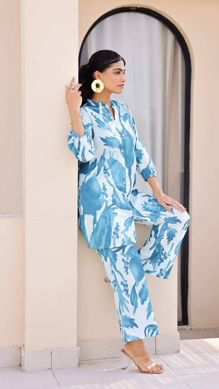 Sky Blue Oversized Leaf Print Co-ord Set