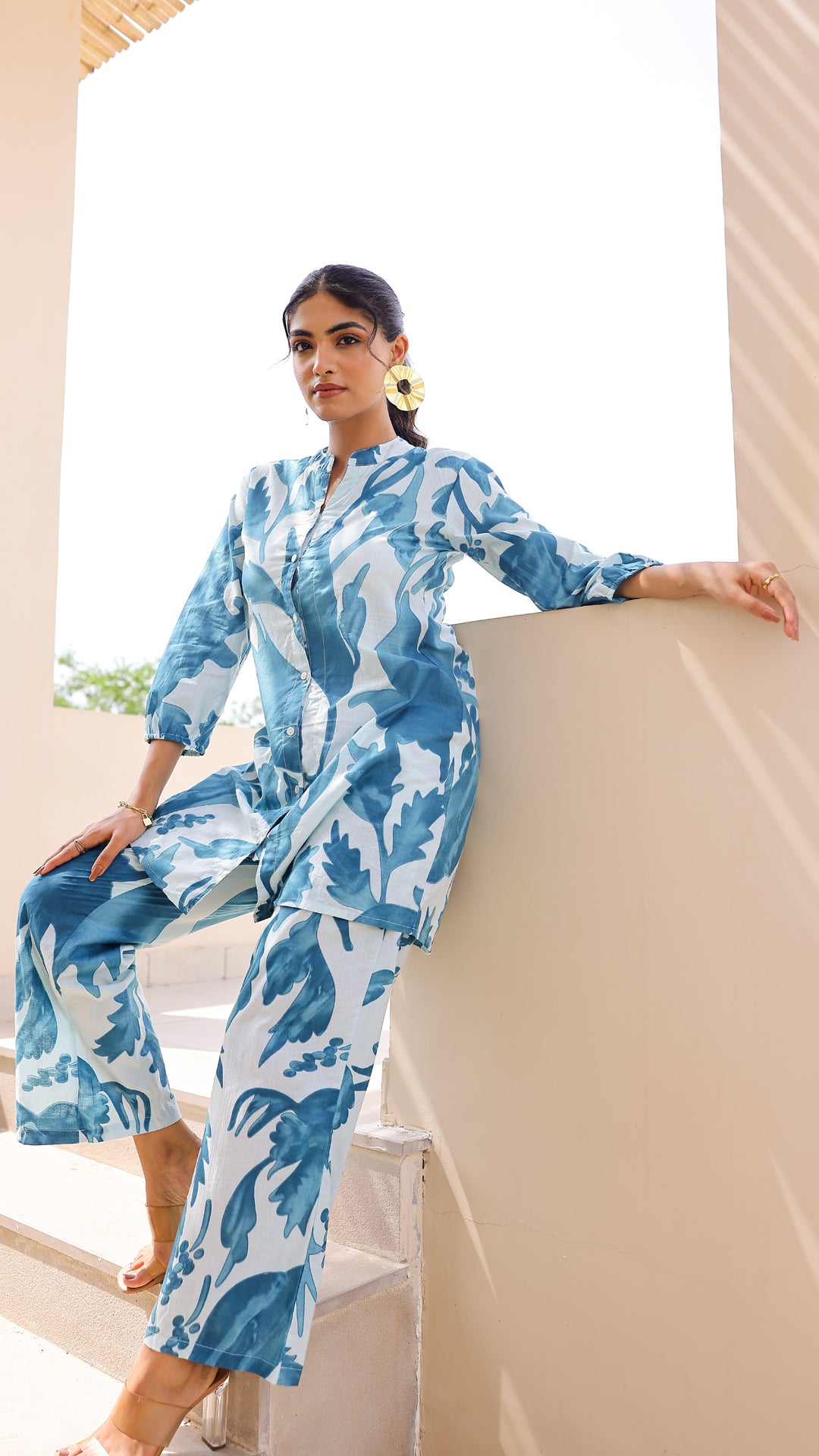 Sky Blue Oversized Leaf Print Co-ord Set