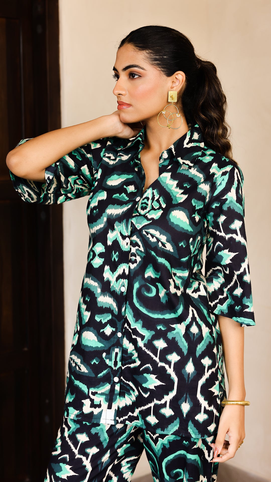 Emerald Ikat Print Co-Ord Set – Satin Finish