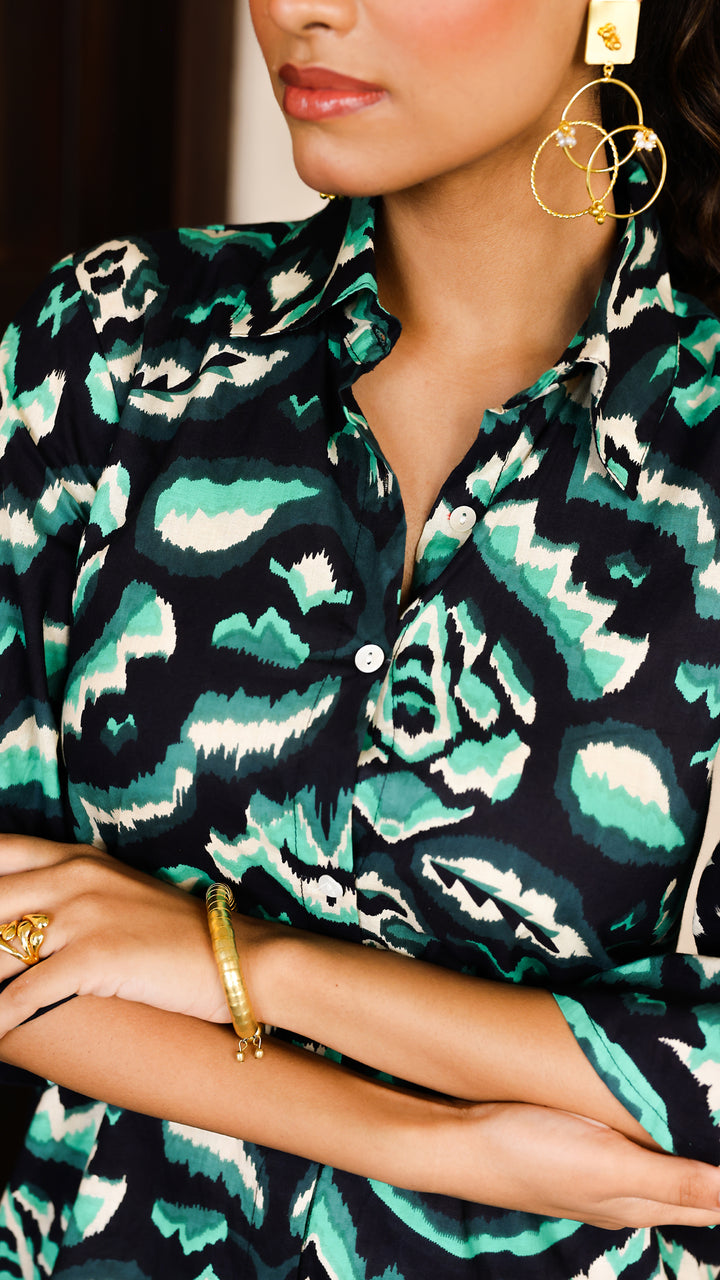 Emerald Ikat Print Co-Ord Set – Satin Finish