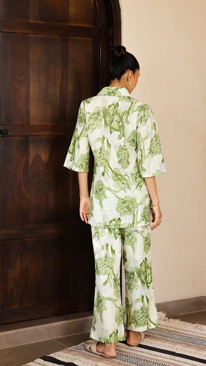 Olive Green Floral Co-Ord Set – Cotton Casual Chic