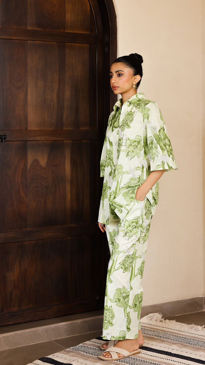 Olive Green Floral Co-Ord Set – Cotton Casual Chic