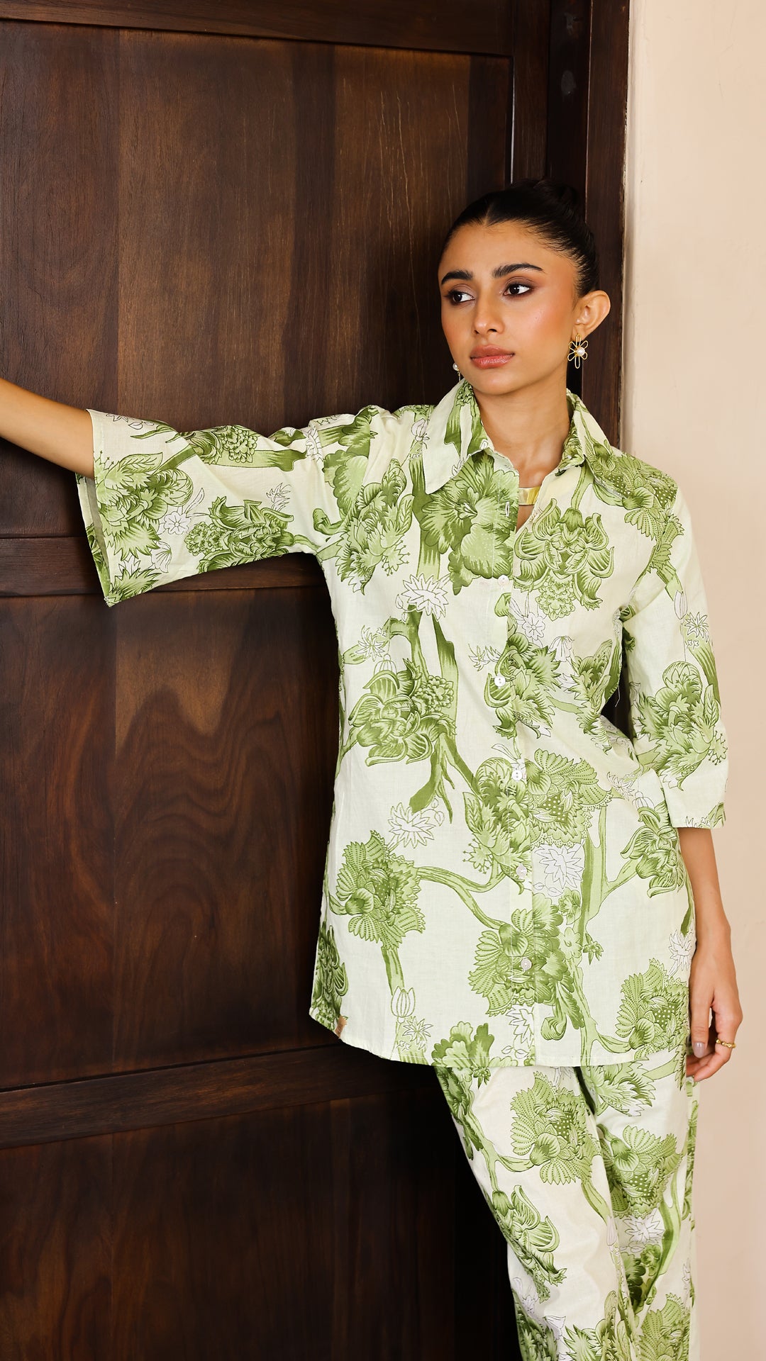 Olive Green Floral Co-Ord Set – Cotton Casual Chic
