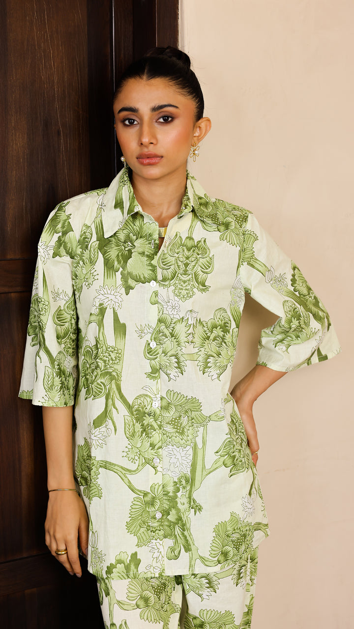 Olive Green Floral Co-Ord Set – Cotton Casual Chic