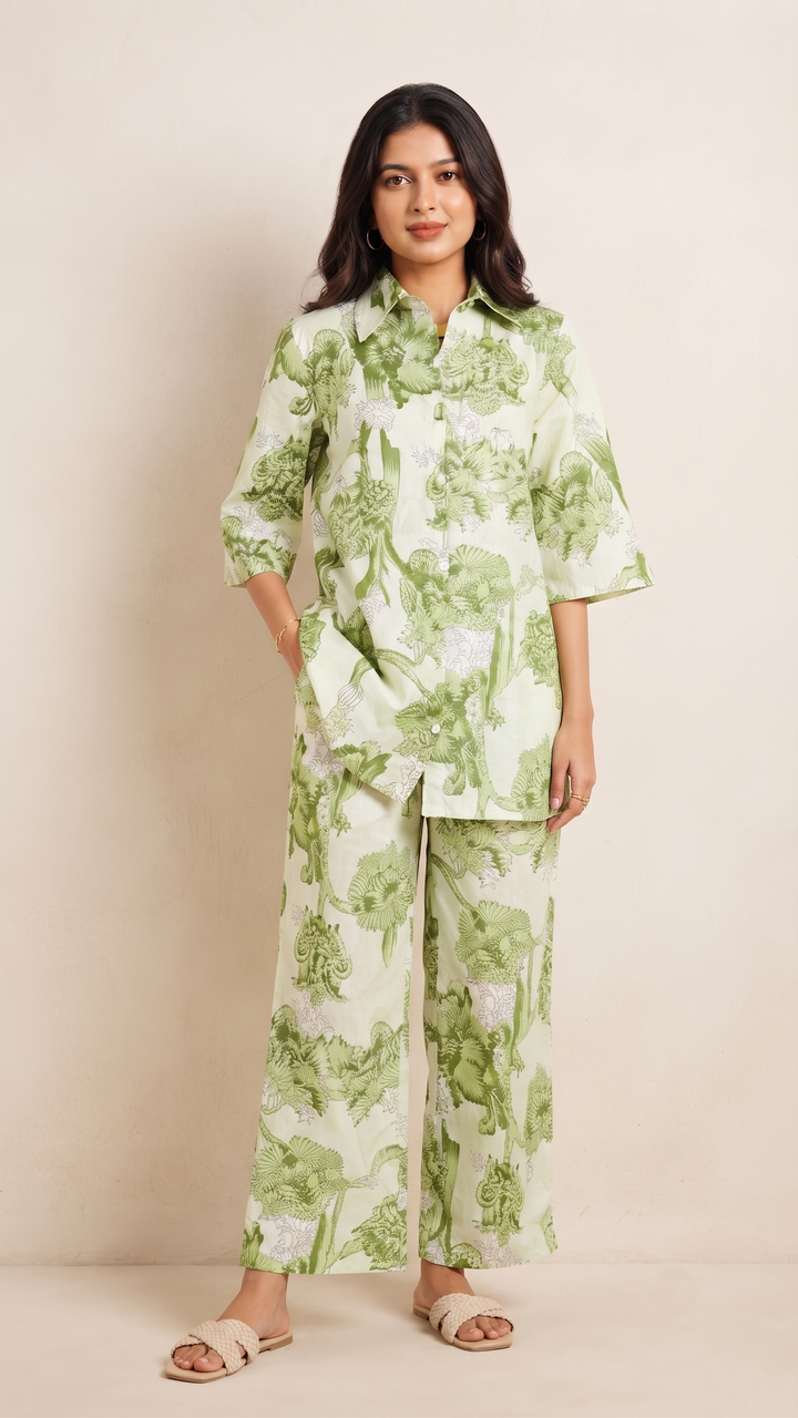 Olive Green Floral Co-Ord Set – Cotton Casual Chic
