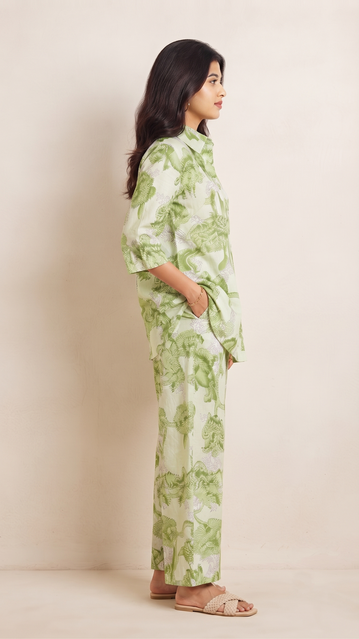 Olive Green Floral Co-Ord Set – Cotton Casual Chic