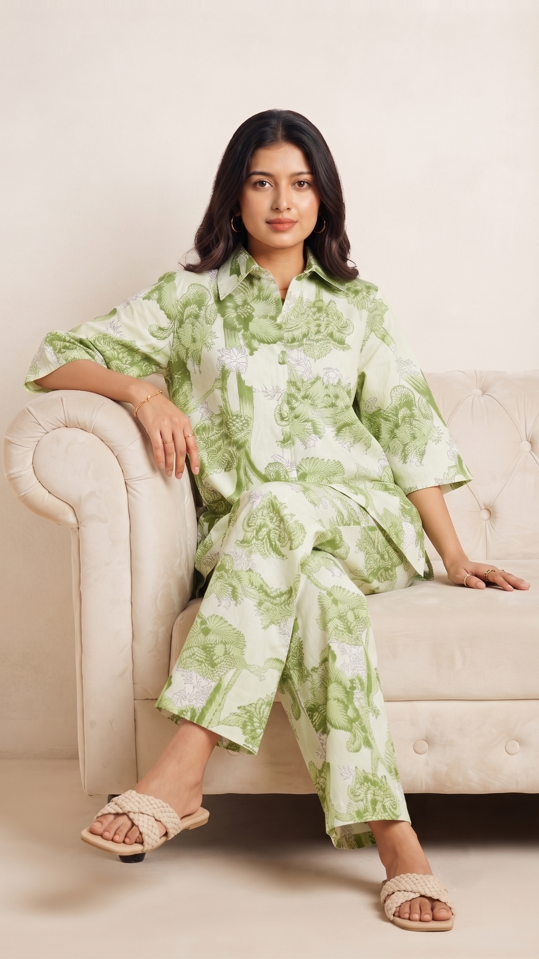 Olive Green Floral Co-Ord Set – Cotton Casual Chic