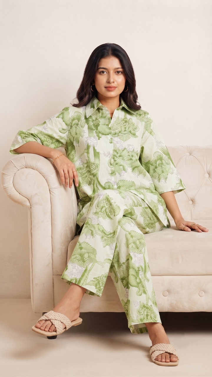 Olive Green Floral Co-Ord Set – Cotton Casual Chic