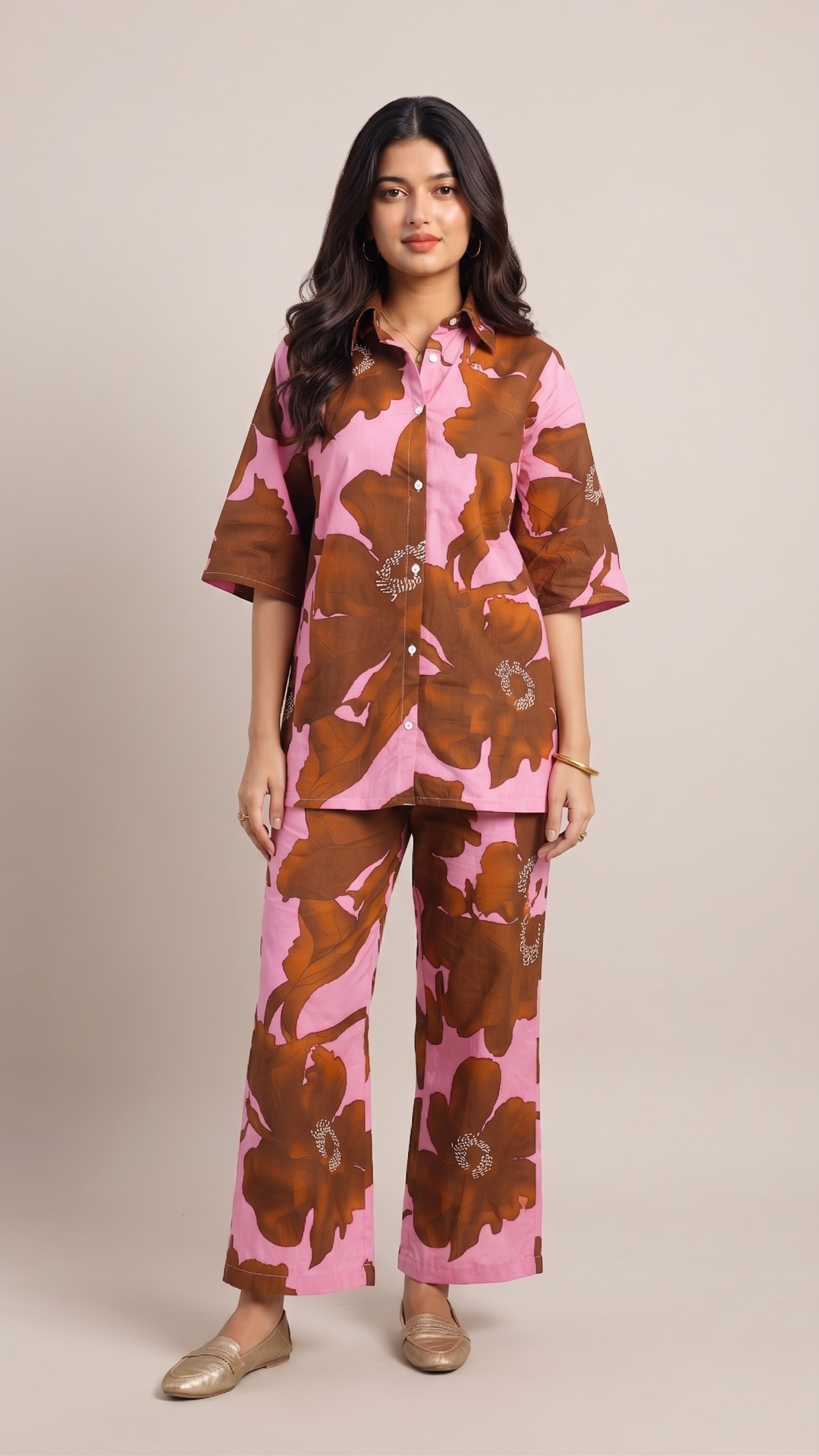 Chocolate Floral Co-Ord Set – Pink Cotton Blend