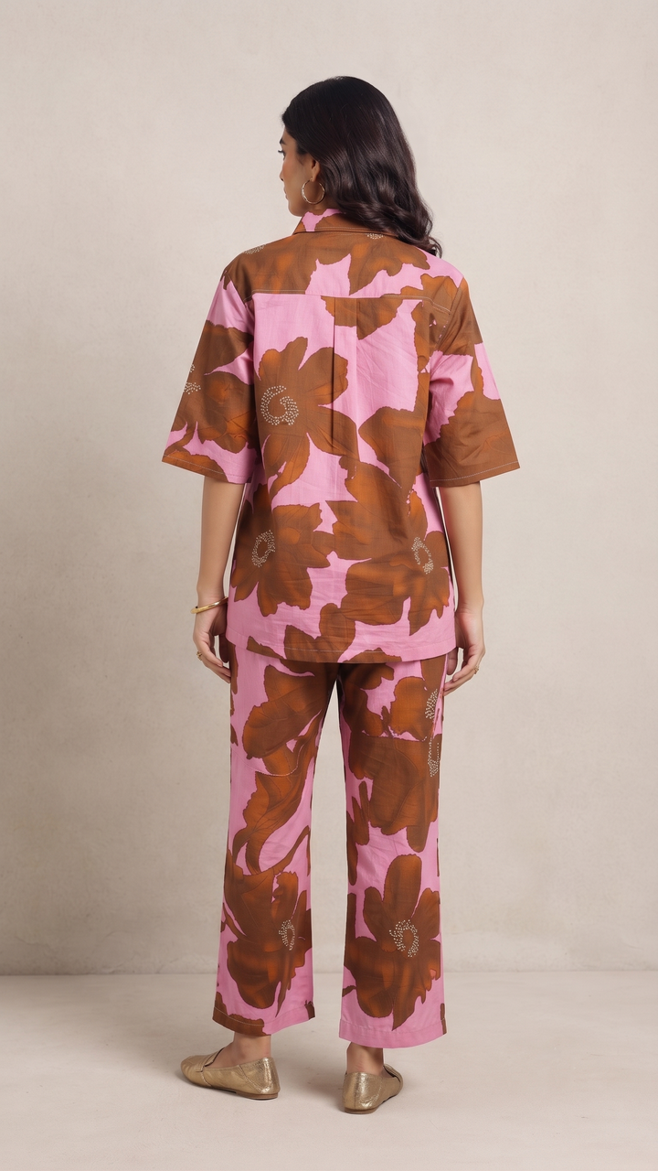 Chocolate Floral Co-Ord Set – Pink Cotton Blend