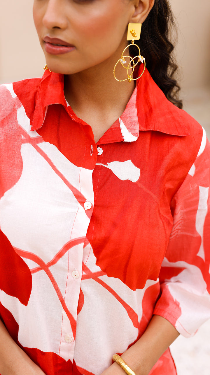 Bold Red Petal Co-Ord Set – Cotton Statement Wear