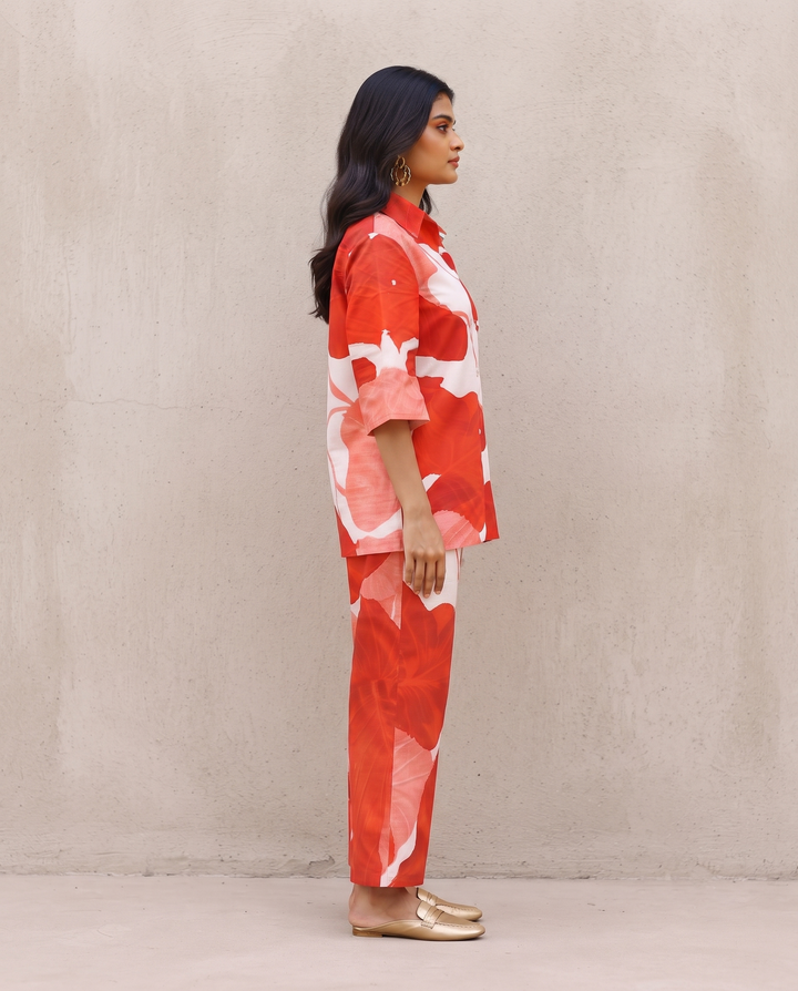 Bold Red Petal Co-Ord Set – Cotton Statement Wear