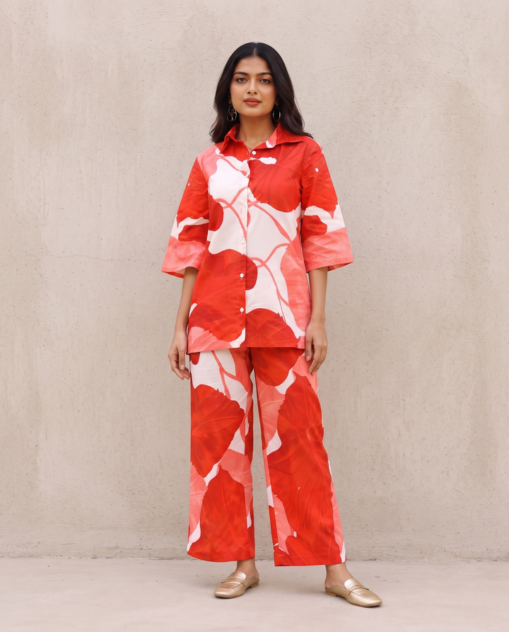 Bold Red Petal Co-Ord Set – Cotton Statement Wear