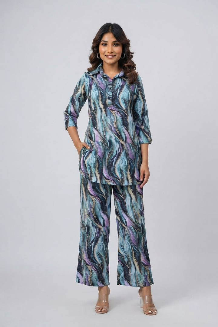 Ocean Waves Print Satin Pajama Set - Calm & Chic Nightwear