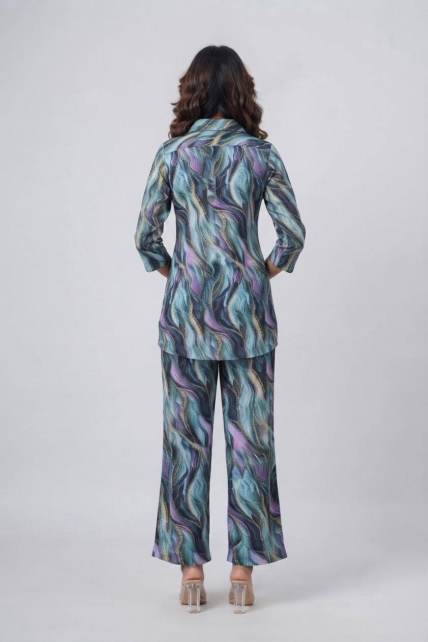 Ocean Waves Print Satin Pajama Set - Calm & Chic Nightwear