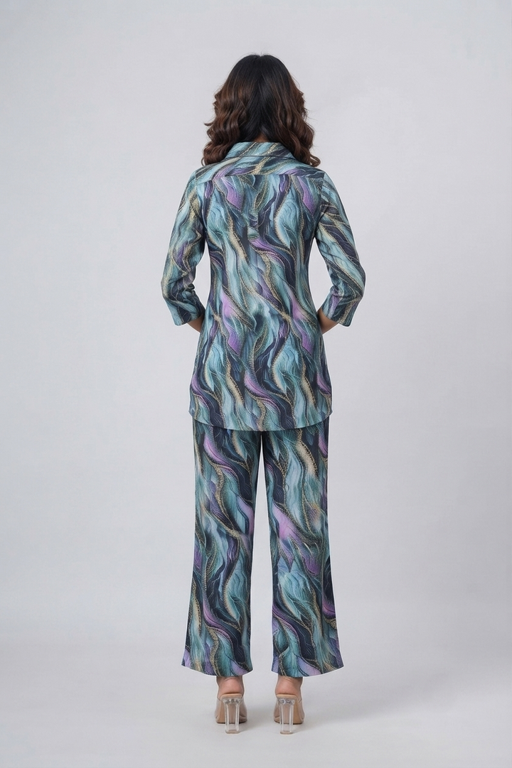 Ocean Waves Print Satin Pajama Set - Calm & Chic Nightwear