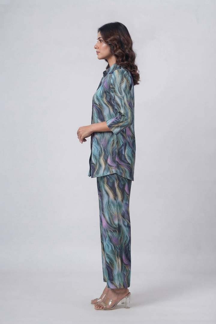 Ocean Waves Print Satin Pajama Set - Calm & Chic Nightwear