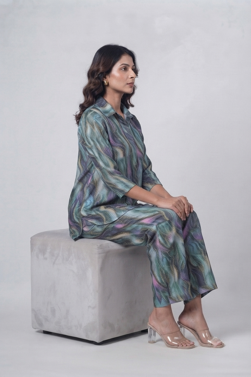 Ocean Waves Print Satin Pajama Set - Calm & Chic Nightwear