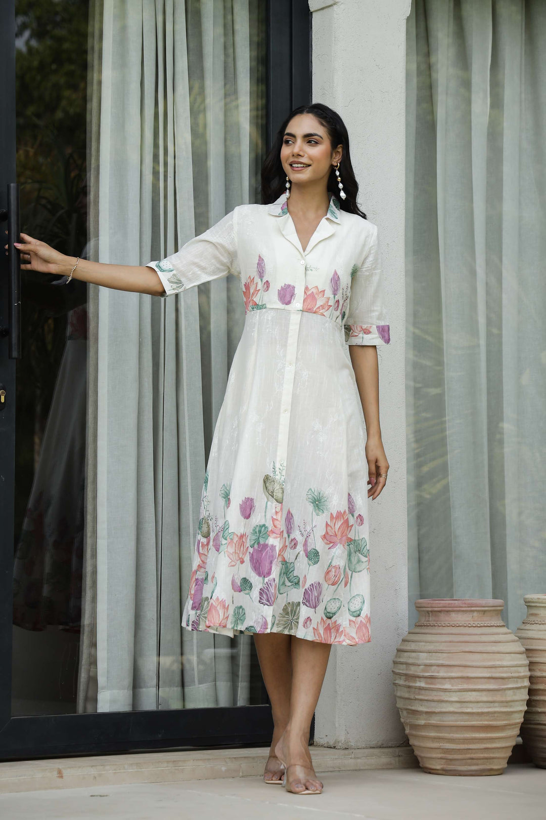 Elegant Lotus Floral Print Shirt Dress for Women White Midi Label Flavia Elegant Lotus Floral Print Shirt Dress for Women White Midi Label Flavia