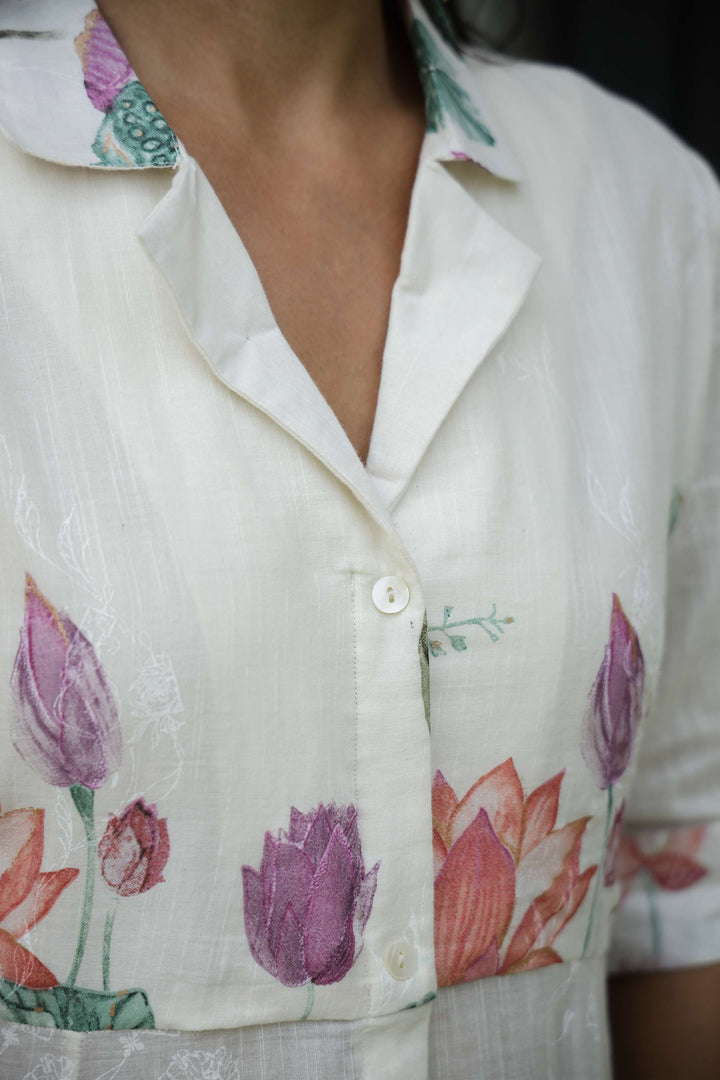 Elegant Lotus Floral Print Shirt Dress for Women – White Midi