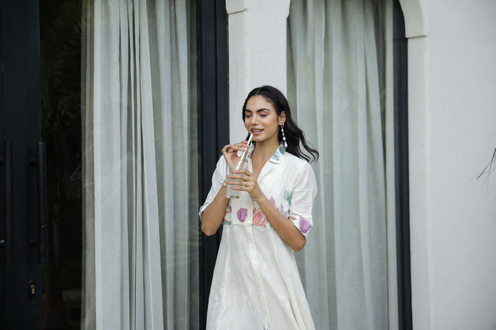 Elegant Lotus Floral Print Shirt Dress for Women – White Midi