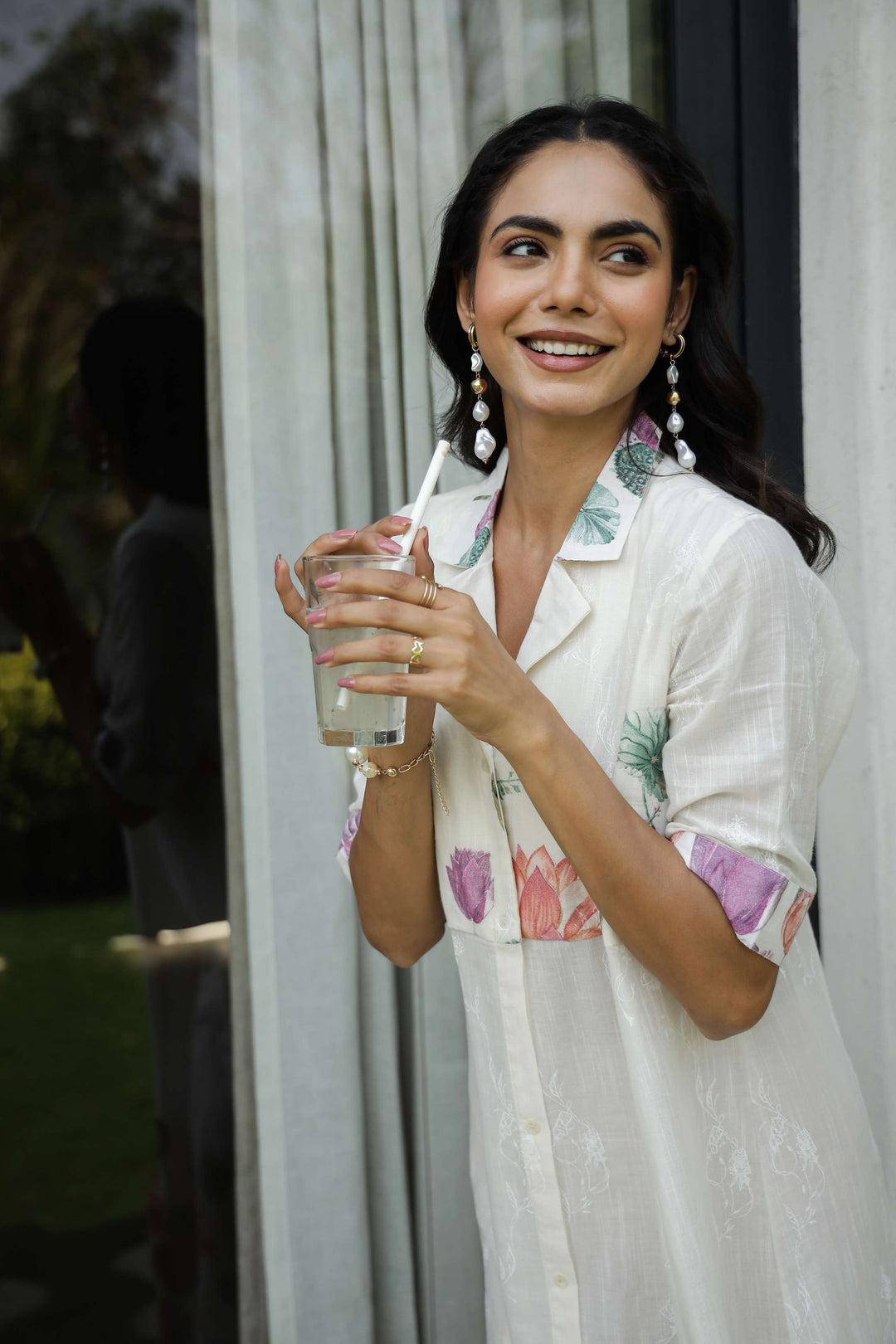 Elegant Lotus Floral Print Shirt Dress for Women – White Midi