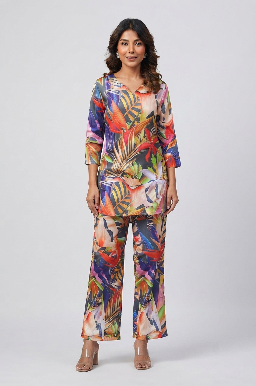 Vibrant Tropical Print Satin Pajama Set - Fun & Stylish Nightwear