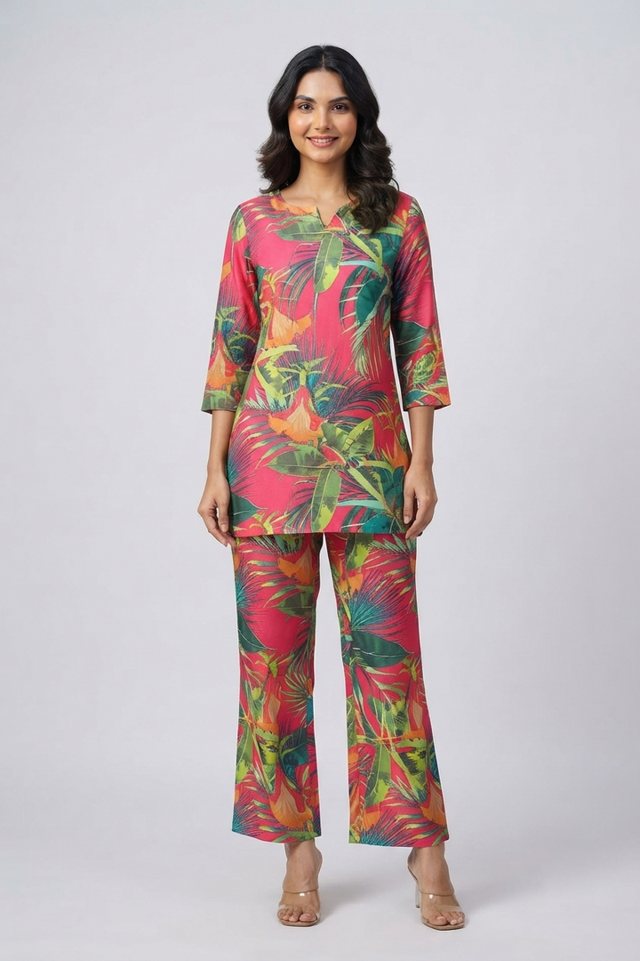 Jungle Leaf Print Pajama Set with Matching Headband - Lively & Trendy