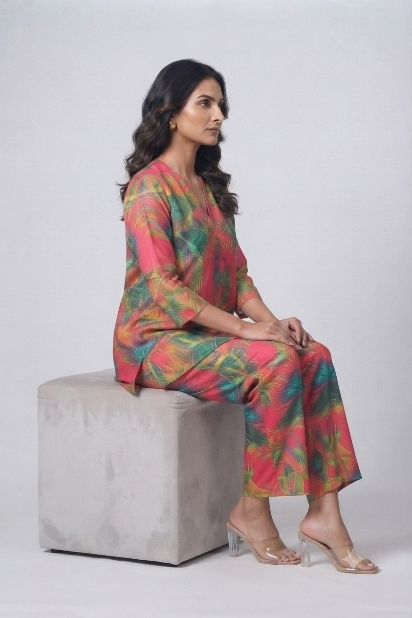 Jungle Leaf Print Pajama Set with Matching Headband - Lively & Trendy