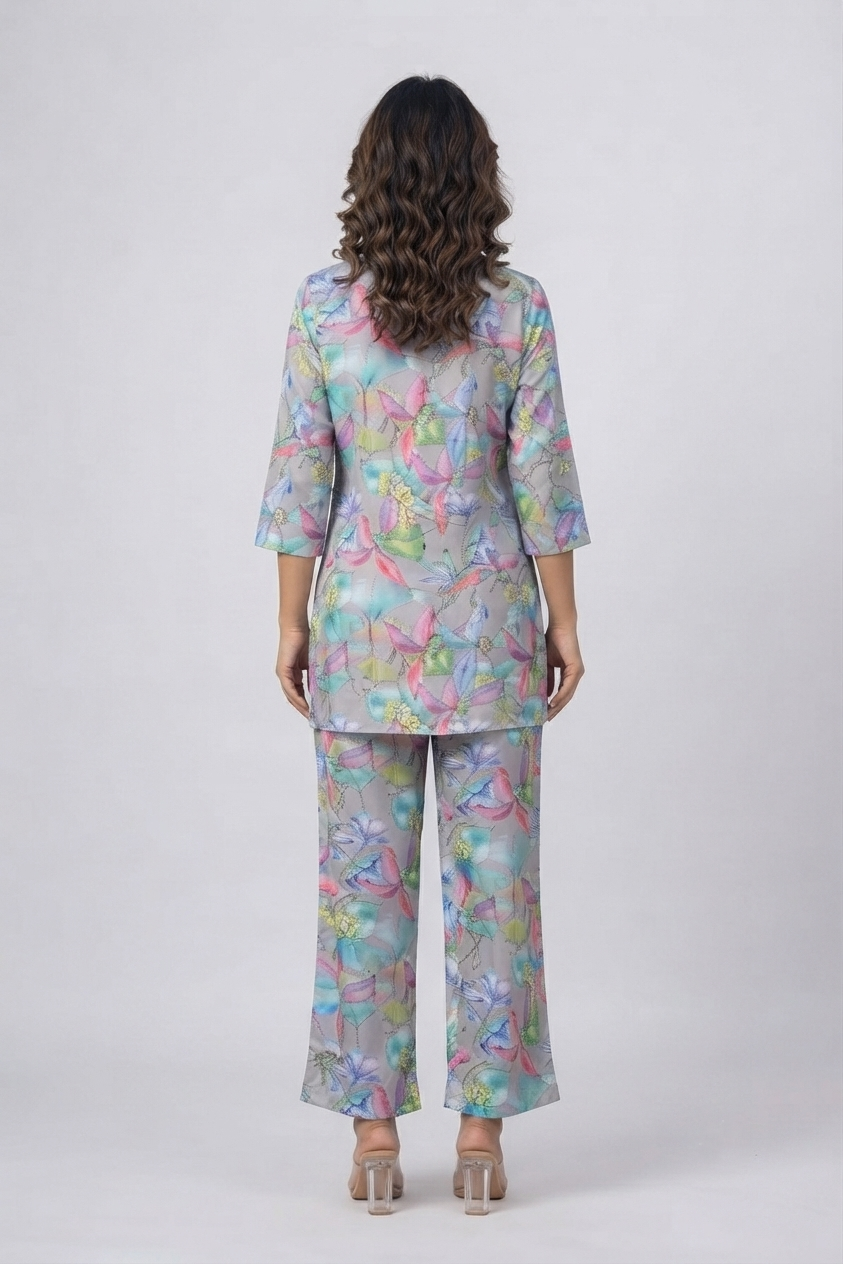 Delicate Pastel Watercolor Floral Satin Pajama Set - Elegant Nightwear