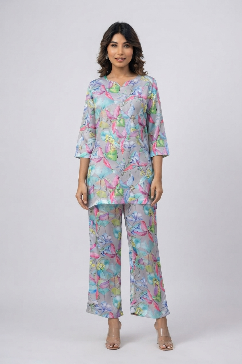 Delicate Pastel Watercolor Floral Satin Pajama Set - Elegant Nightwear