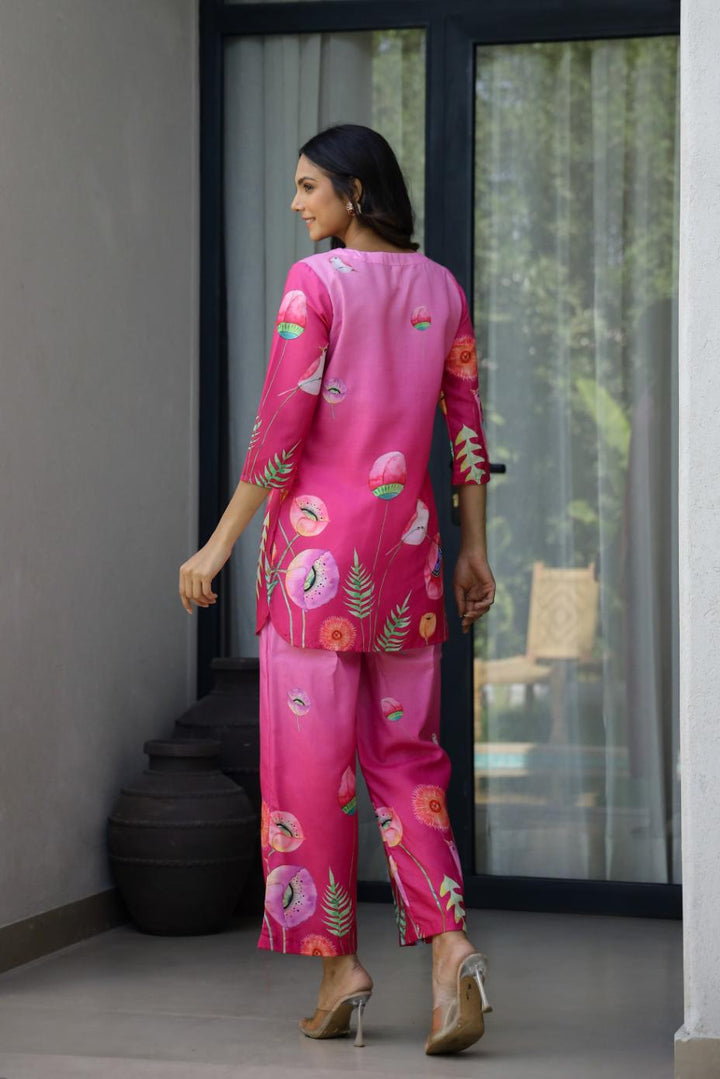 Pink Ombre Printed Satin Co-ord Set