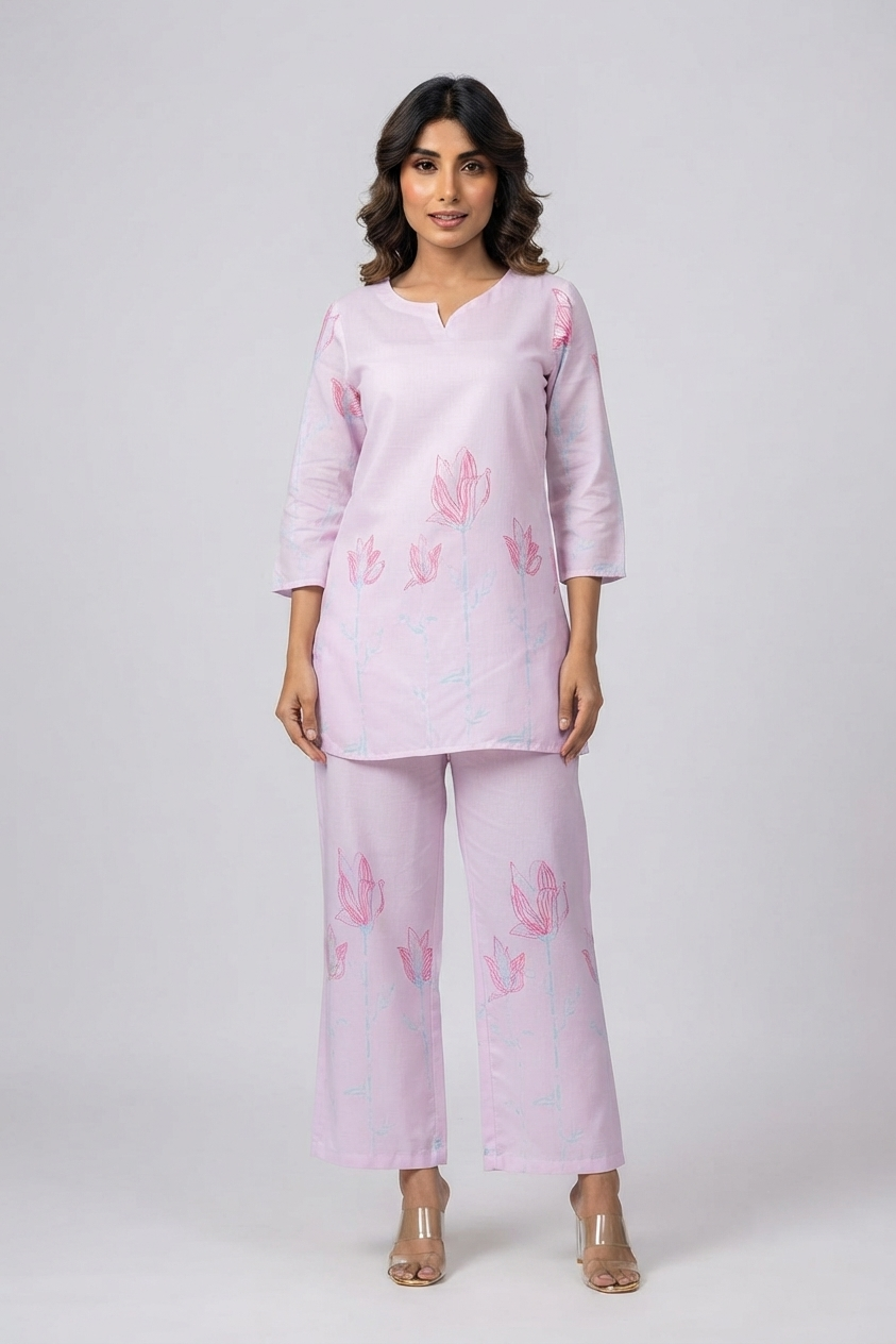 Pastel Pink Floral Soft Cotton Co-ord Set - Top & Trousers