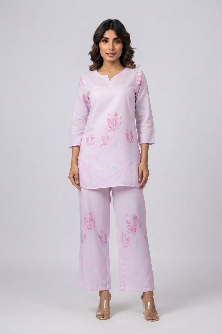 Pastel Pink Floral Soft Cotton Co-ord Set - Top & Trousers