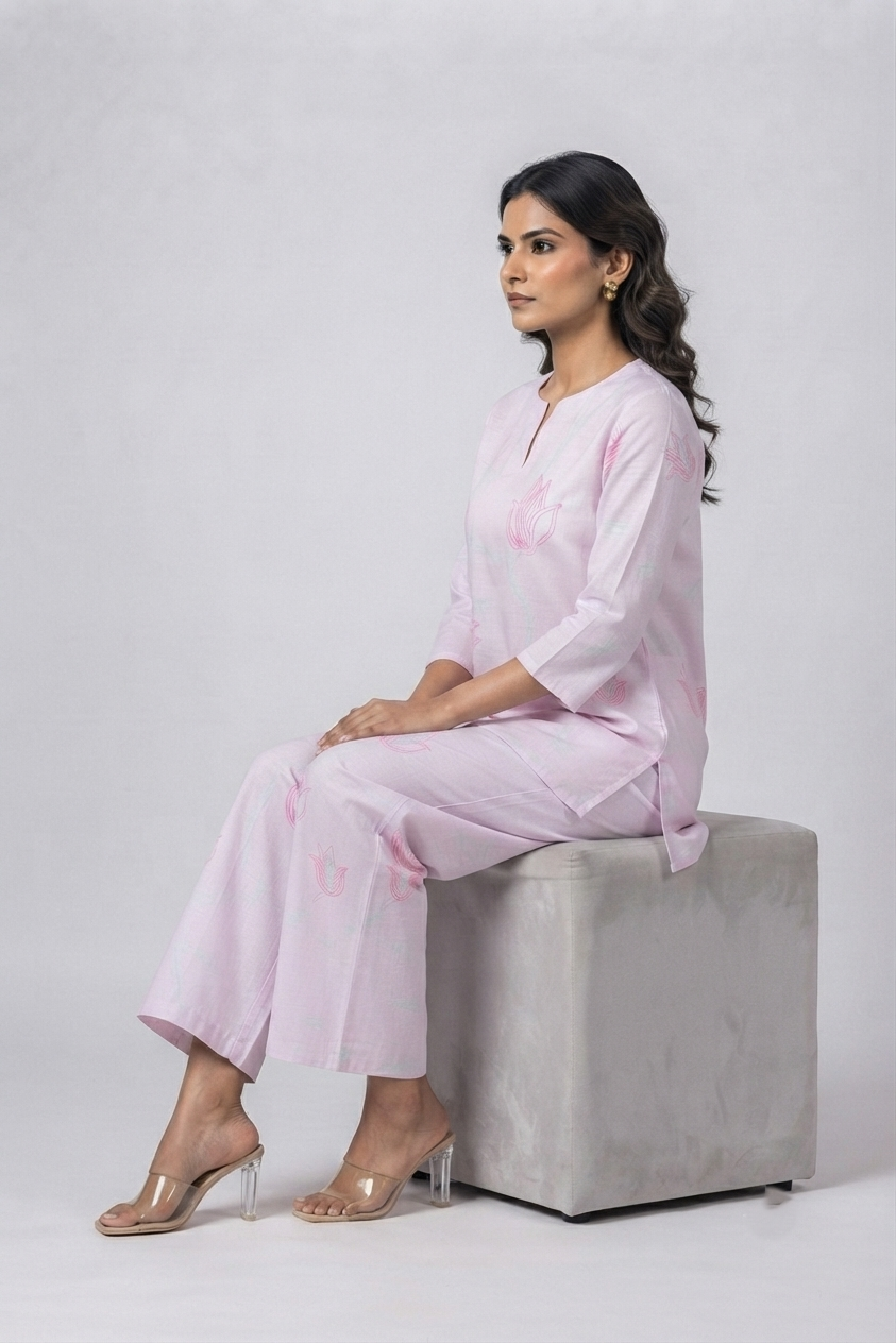 Pastel Pink Floral Soft Cotton Co-ord Set - Top & Trousers