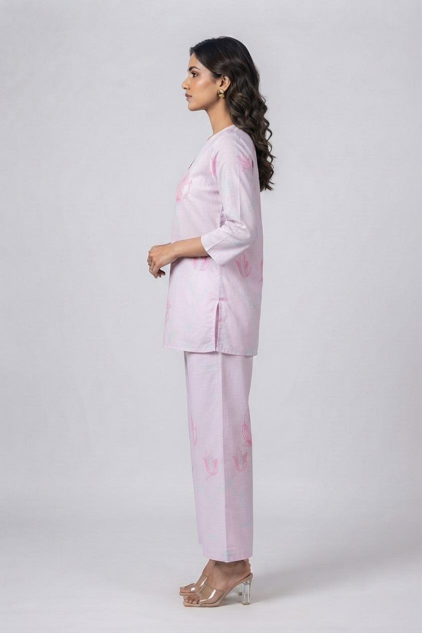 Pastel Pink Floral Soft Cotton Co-ord Set - Top & Trousers