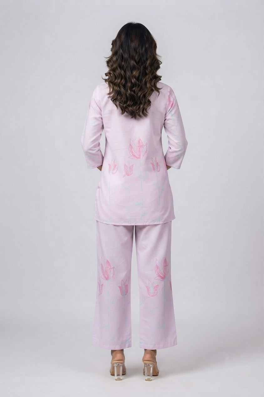 Pastel Pink Floral Soft Cotton Co-ord Set - Top & Trousers