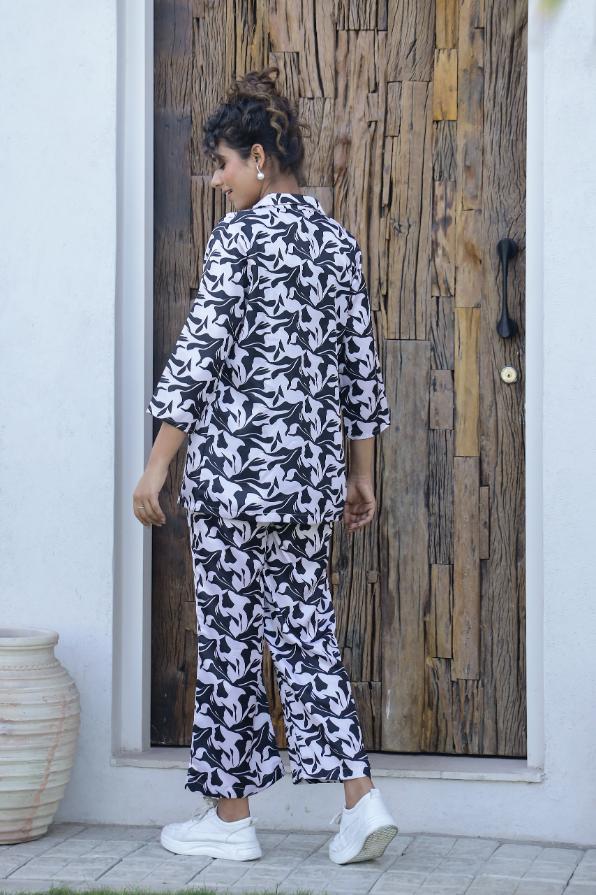 Monochrome Abstract Print 3-Piece Co-ord Set - Jacket, Top & Trousers | Co-Ord Set | Shop stylish women's clothing online at Label Flavia |