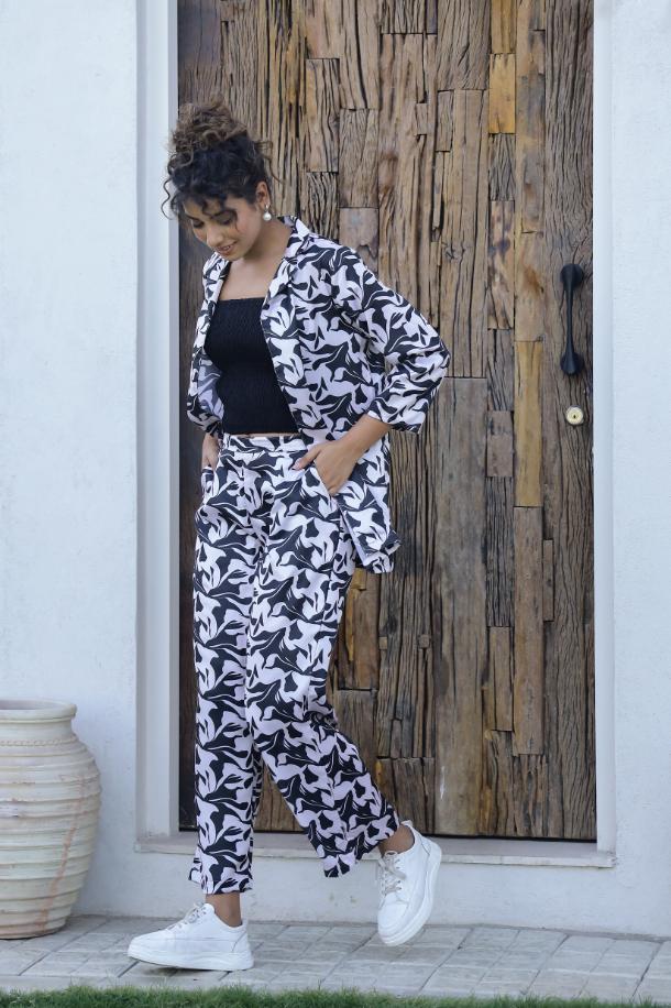 Monochrome Abstract Print 3-Piece Co-ord Set - Jacket, Top & Trousers | Co-Ord Set | Shop stylish women's clothing online at Label Flavia |