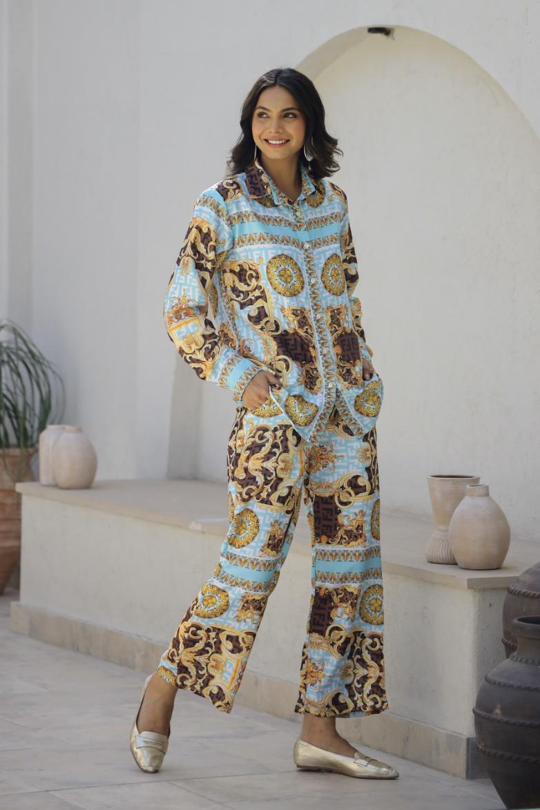 Luxurious Ornate Print Satin Pajama Set - Sophisticated Nightwear for Women | Co-Ord Set | Shop stylish women's clothing online at Label Flavia |