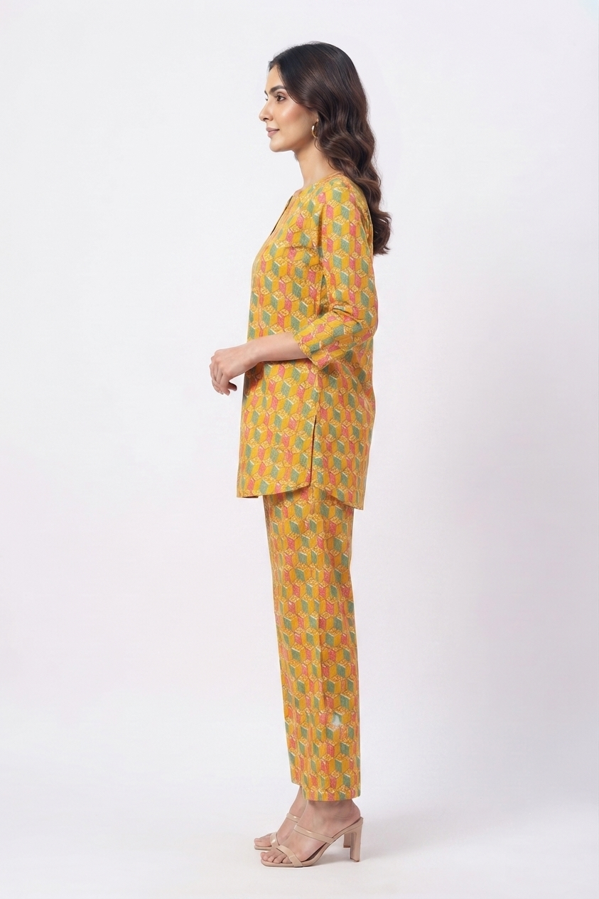 Multicolor Geometric Print Cotton Nightwear Set for Women