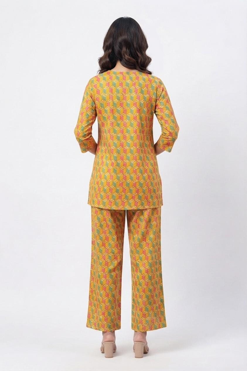 Multicolor Geometric Print Cotton Nightwear Set for Women