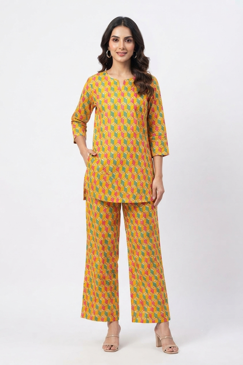 Multicolor Geometric Print Cotton Nightwear Set for Women